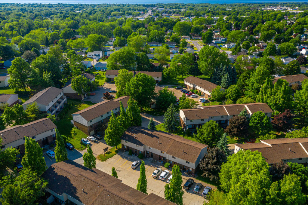 Aerial view of Willowood Village Apartments and Townhomes in Erie PA
