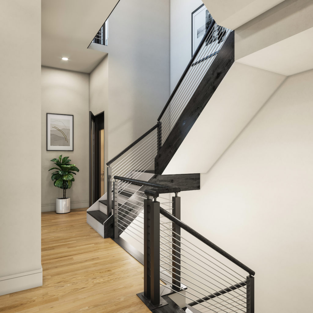 Views of the modern stair case heading up or down stairs