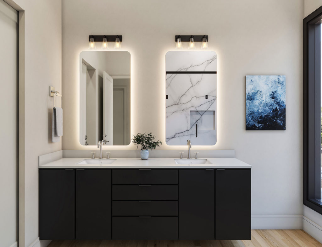 Primary bathroom view with dark vanity, white quartz countertops and light tan hardwood flooring
