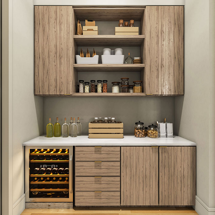 Pantry with wine rack, tall sleek tan cabinetry and shelving
