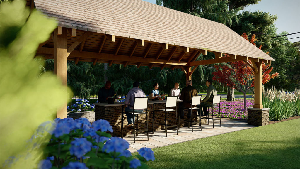 Pavilion with lots of seating perfect for a social gathering with friends or a place to unwind after a long day.