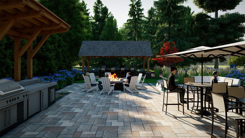 Outdoor kitchen, firepit and seating area located at the Wright House.